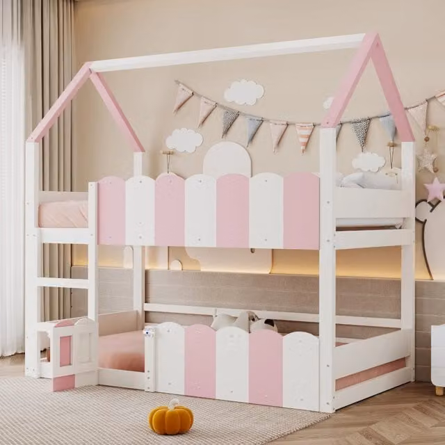 Letto a castello per bambini REDOM con struttura a forma di casa, rosa e bianco, L/P/H: 200 x 95 x 181,5 cm