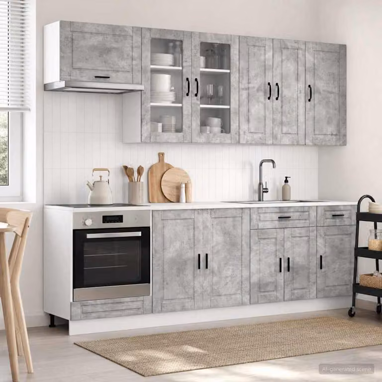 Unità cucina moderna vidaXL PORTO composta da 8 pezzi in grigio cemento e legno ingegnerizzato L/P/H: 143 x 46 x 81,5 cm