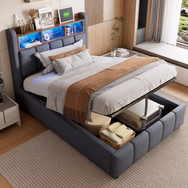 Letto singolo imbottito OKWISH con contenitore idraulico, illuminazione LED sottostante, porta USB, Type-C e mensola integrata, grigio, L/P: 200 x 90 cm