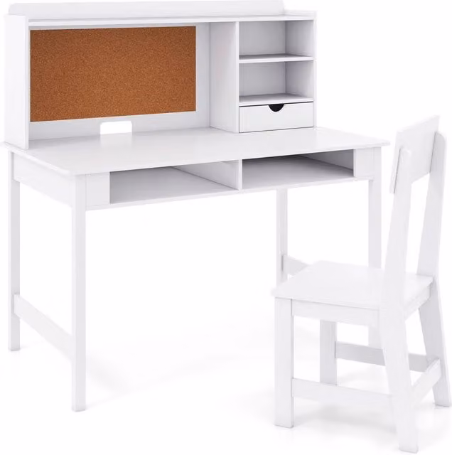 Set scrivania e sedia in legno per bambini con bacheca in sughero e cassetto, postazione computer completa di pensile e ripiani aperti per cameretta, Bianco