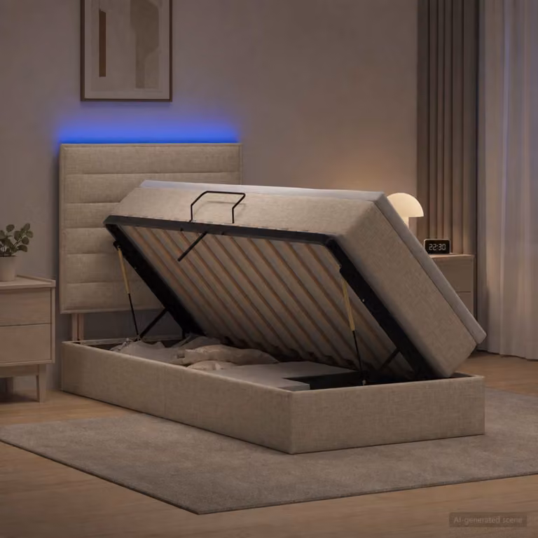 Letto con contenitore vidaXL in tessuto beige con illuminazione LED, porta USB e materasso in schiuma, L/P: 90 x 190 cm
