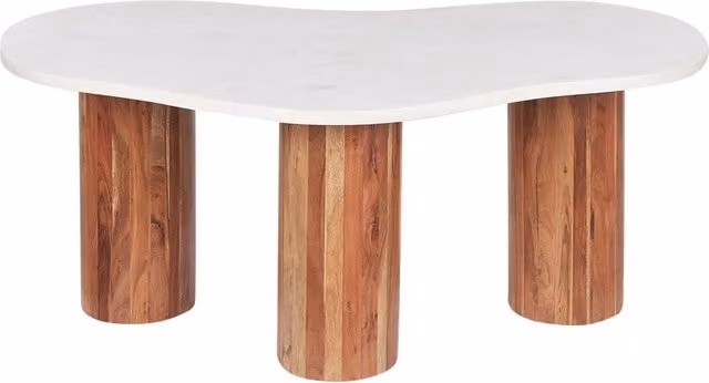 Tavolino da caffè ovale BELIANI con piano in marmo bianco e gambe in legno di acacia oliato per soggiorno moderno L: 90 cm, P: 45 cm, H: 35 cm