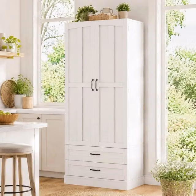 Mobile colonna da cucina Mivray in MDF bianco con 3 ripiani estraibili, 2 cassetti e ripiano regolabile, L/P/H: 80 x 37.5 x 180 cm