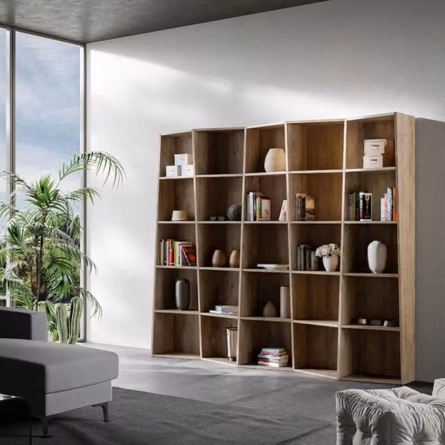 Libreria Trek 5 elementi ITAMOBY colore Noce, design moderno con pannello posteriore, H: 227 cm, L: 200 cm, P: 35 cm