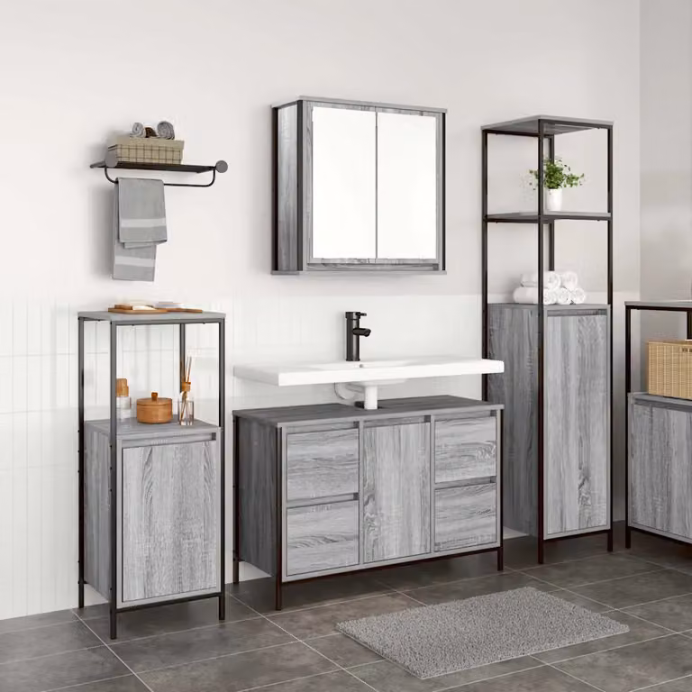 Set di mobili per il bagno moderno vidaXL in 3 pezzi Grigio e Nero con vanità, ripiani e cassetti