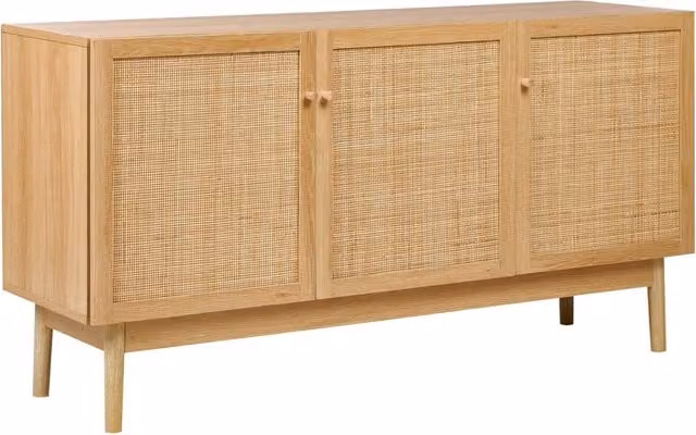 Credenza Beliani a 3 ante in stile Boho con dettagli in rattan, colore beige e marrone, L: 135 cm, H: 70 cm, P: 40 cm