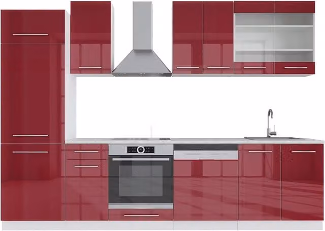 Cucina componibile moderna Fame-Line Vicco Bordeaux lucido e Bianco, larghezza: 300 cm, senza piano di lavoro