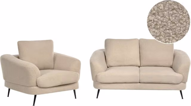 Set di divani Beliani IT in stile moderno con rivestimento in bouclé beige, composto da divano a 3 posti, divano a 2 posti e poltrona con braccioli e cuscini inclusi