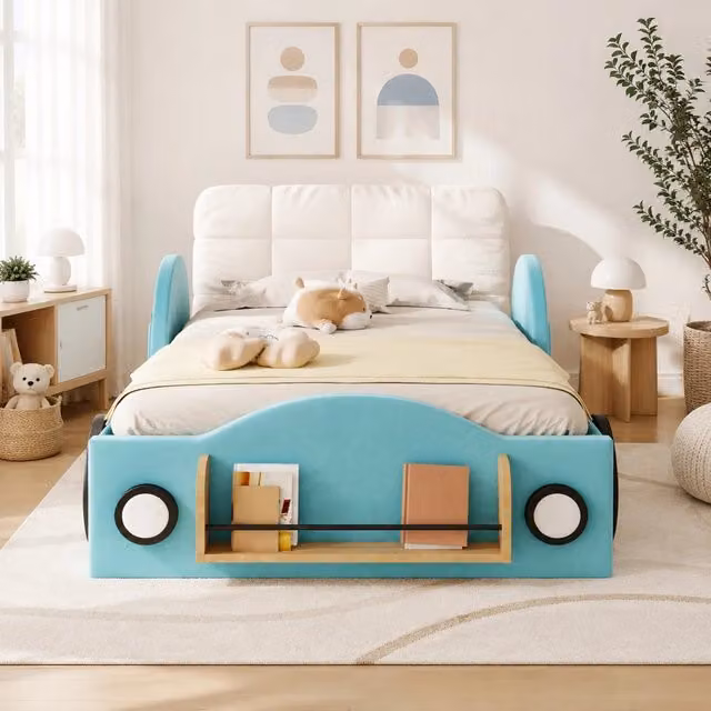 Letto imbottito moderno blu con contenitore idraulico e tasche laterali L/P/H: 215 x 90 x 101 cm