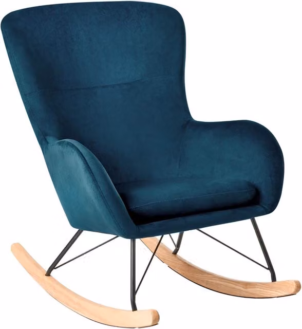 Sedia a dondolo Beliani in velluto blu con gambe in metallo e pattini in legno di gomma, stile moderno