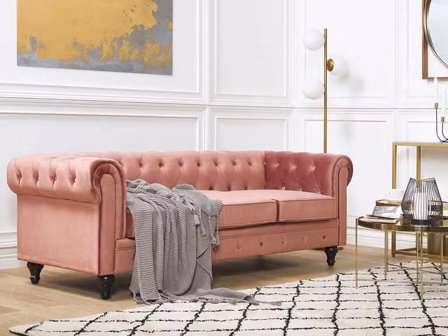 Divano Chesterfield BELIANI in Velluto Rosa a 3 Posti con Rivestimenti Rimovibili L: 202 cm, P: 75 cm, H: 70 cm