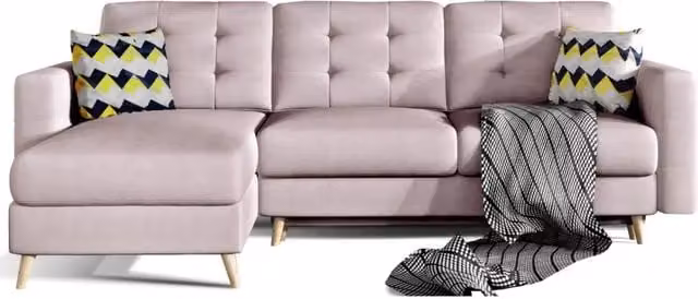 Divano angolare trasformabile MEUBLORAMA rosa con funzione letto e vano contenitore, design scandinavo in tessuto e struttura in legno massiccio, L/P/H: 248 x 162 cm