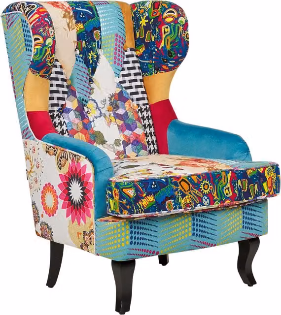 Poltrona Wingback BELIANI in tessuto patchwork multicolore con base blu, design boho e gambe in legno di betulla oliato, L: 100 cm, P: 70 cm, H: 80 cm