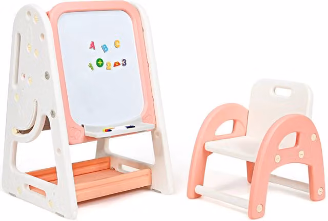 Cavalletto da disegno 2 in 1 Design Mania per bambini con lavagna reversibile e libreria, Rosa