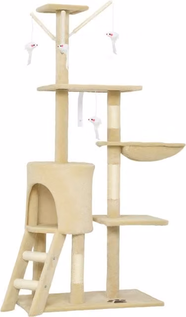 Torre per gatti PawHut con casetta, trespoli, piattaforme e giocattoli integrati, Beige, H 134 x L 60 x P 35 cm