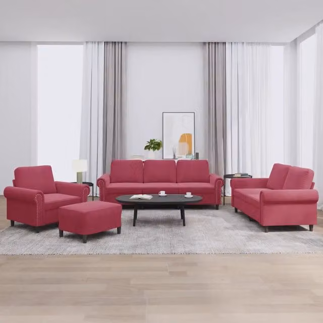 Set di divani moderno vidaXL in velluto rosso composto da un divano a 3 posti, un divano a 2 posti, un pouf e cuscini coordinati