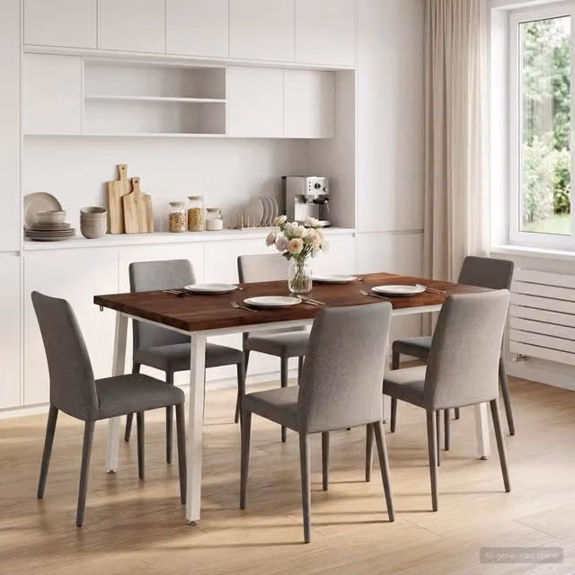 Tavolo da pranzo moderno vidaXL in legno di acacia con bordo vivo, L/P/H: 140 x 80 x 75 cm, Marrone e Bianco