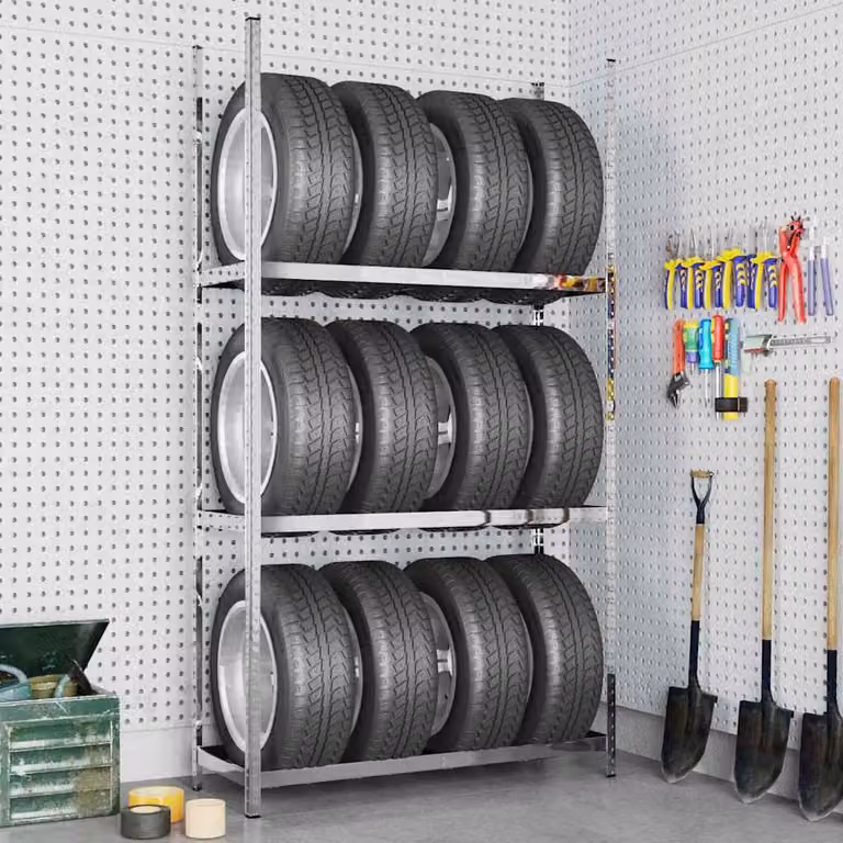 vidaXL Portapneumatici a 3 Livelli Argento in Acciaio L: 110 cm, P: 40 cm, H: 200 cm