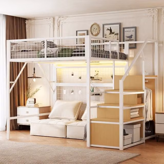 Letto a soppalco moderno in metallo e MDF con scala portaoggetti e scomparti laterali, bianco, L/P: 140 x 200 cm