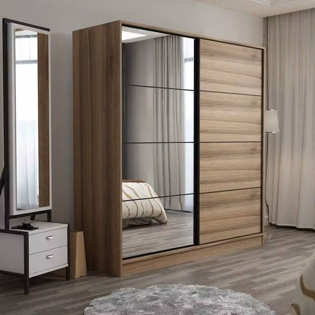Armadio da camera da letto DMORA con ante scorrevoli, interno con appendiabiti, ripiani e specchio, Marrone Rovere, L: 180 cm, P: 60 cm, H: 190 cm