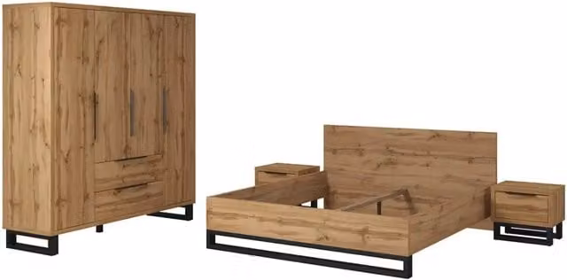 Camera da letto completa stile industriale MEUBLORAMA in rovere e nero con armadio a 4 porte, letto 180x200 cm, cassettiera e comodini