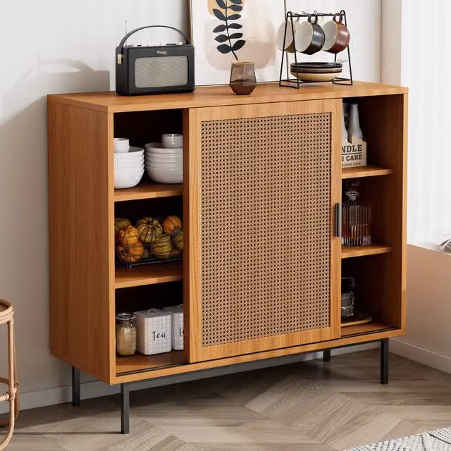 Credenza Minimal con Ante Scorrevoli e Ripiani, Colore Bianco e Marrone, L: 100 cm, P: 37 cm, H: 90 cm
