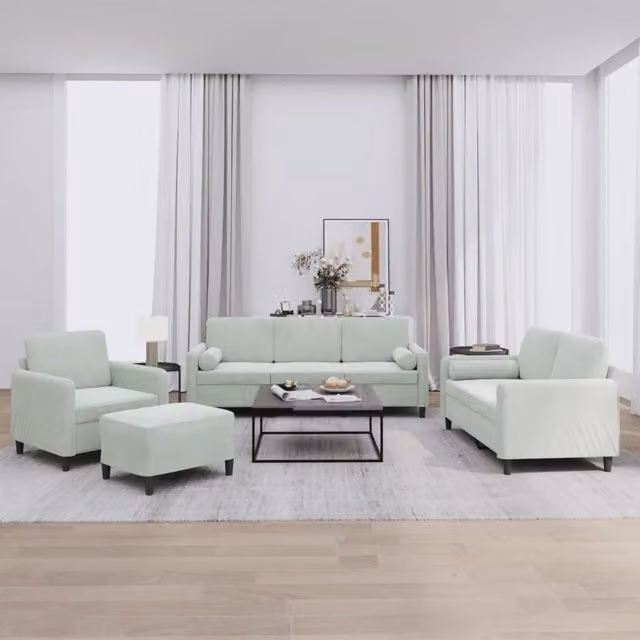 Set di divani moderno vidaXL in velluto grigio composto da divano a 3 posti, divano a 2 posti, pouf e cuscini decorativi