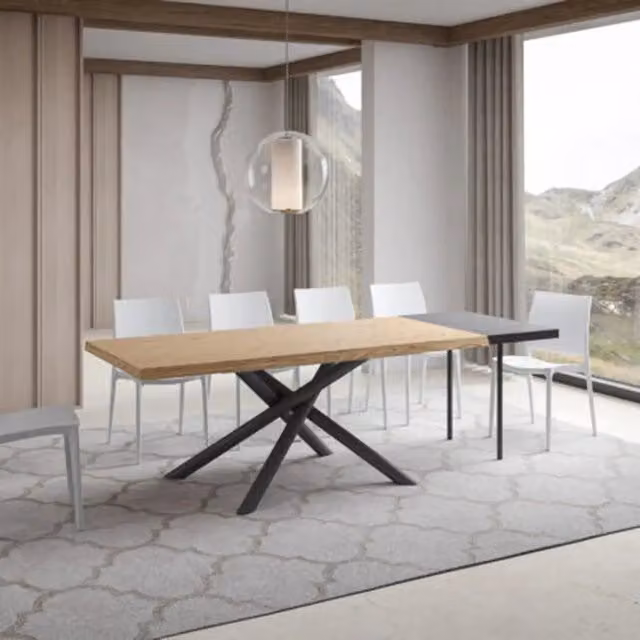 Tavolo allungabile moderno Itamoby in legno di rovere con bordo live edge e gambe in metallo antracite L: 200-300 cm, P: 90 cm, H: 75 cm