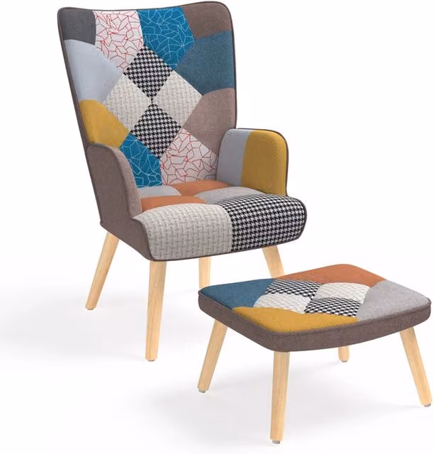 Poltrona scandinava IDMarket IVAR con poggiapiedi in tessuto patchwork multicolore e struttura in legno massiccio