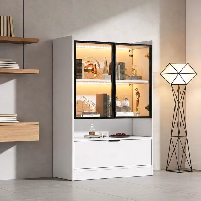 Vetrina Mivray moderna con ante in vetro, illuminazione LED integrata e finitura bianca opaca, L: 80 cm, P: 35 cm, H: 120 cm