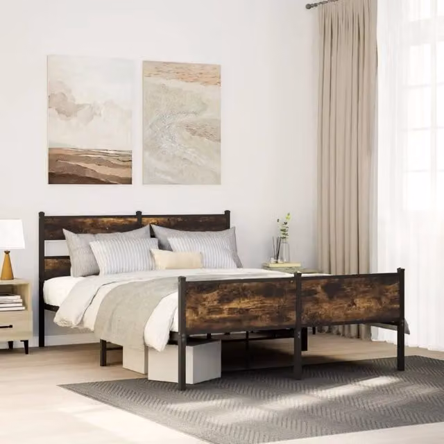 Letto con struttura in metallo e doghe fisse vidaXL colore marrone e rovere L: 142 cm, P: 196 cm, H: 91,5 cm
