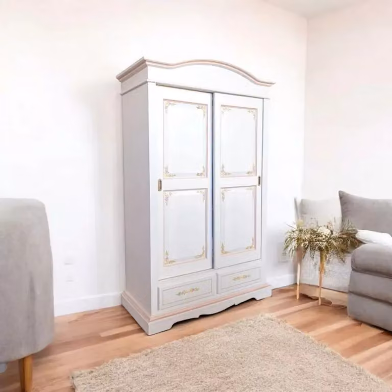 Armadio con 2 ante scorrevoli in legno stile shabby chic bianco e rosa Mobili 2G L: 122 cm, P: 59 cm, H: 200 cm