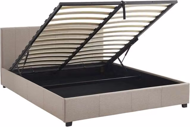 Letto moderno Sweeek con contenitore a sollevamento, rete a doghe e testiera imbottita, L/P: 160 x 200 cm, colore beige