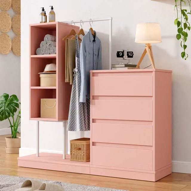 Armadio moderno con cassetti, ripiani aperti e barra appendiabiti in metallo e truciolato, bianco e rosa, L: 40 cm, P: 40 cm, H: 135 cm