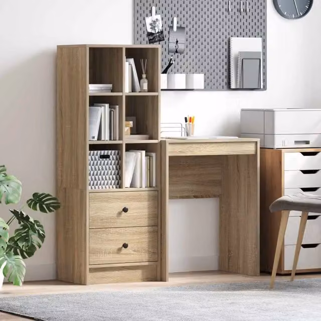 Scrivania moderna con scaffale vidaXL in MDF color rovere, L: 105,5 cm, P: 34 cm, H: 127 cm