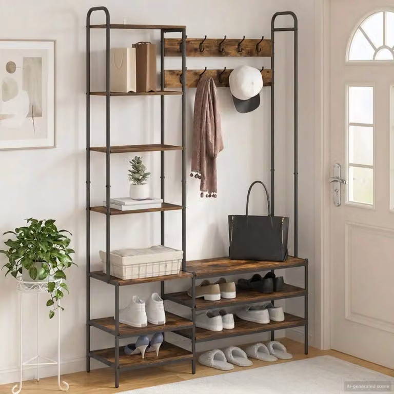 vidaXL Appendiabiti con panca per scarpe in stile industriale, colore marrone e nero, L/P/H: 120,5 x 34 x 190 cm