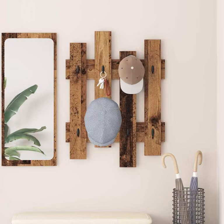 vidaXL Appendiabiti a muro in legno effetto vecchio marrone L: 60 cm, P: 3 cm, H: 82 cm