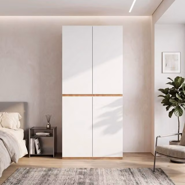 Armadio Guardaroba 4 Ante Vovees Living con Cassetto Portagioie, 2 Cassetti e Bastone Appendiabiti, Bianco e Rovere, L: 90 cm, P: 50 cm, H: 200 cm