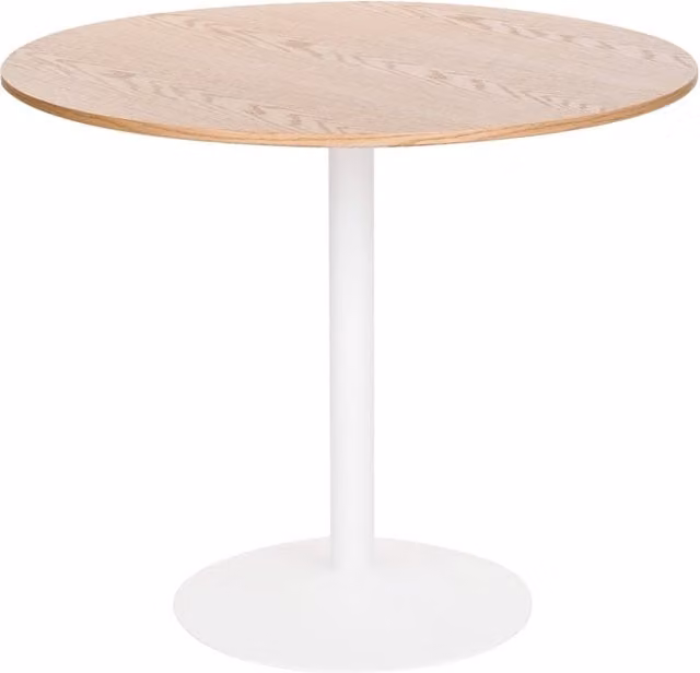 Tavolo rotondo da pranzo e cucina BELIANI in stile scandinavo con piano in MDF rovere chiaro e base in metallo, Diametro: 90 cm, Altezza: 76 cm