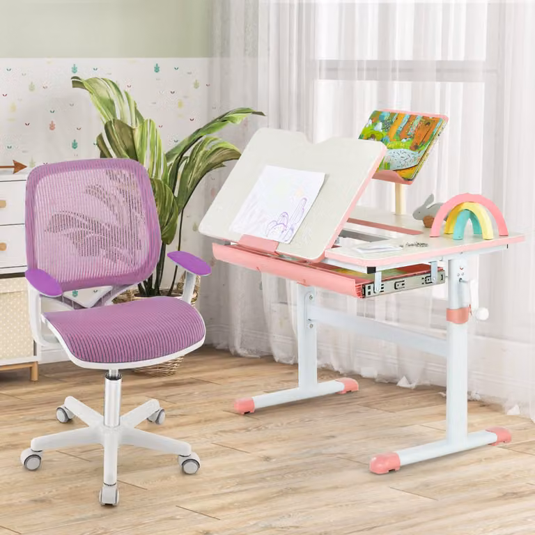 Sedia da scrivania girevole per bambini Costway Viola con altezza regolabile, braccioli morbidi e ruote con freno