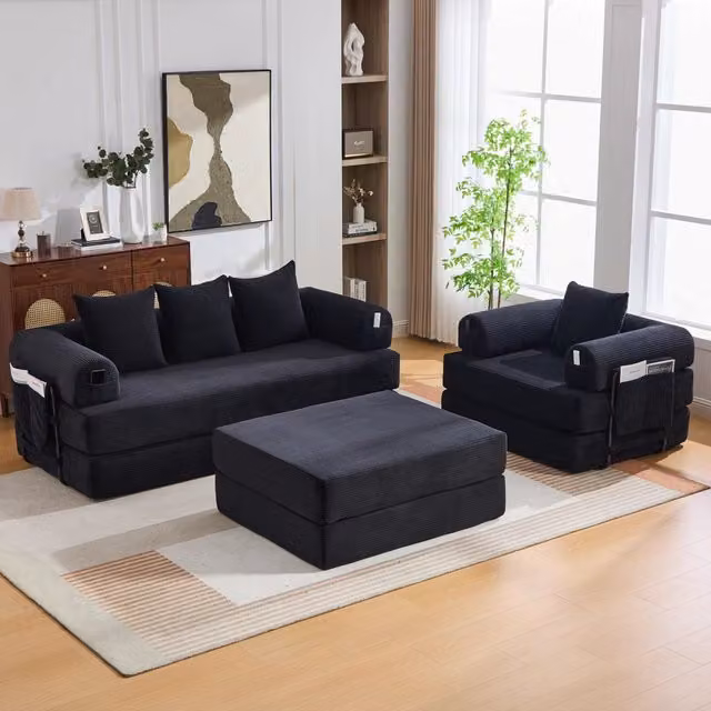Set soggiorno modulare Mivray in velluto a coste nero con divano a 3 posti, poltrona, pouf e struttura in metallo