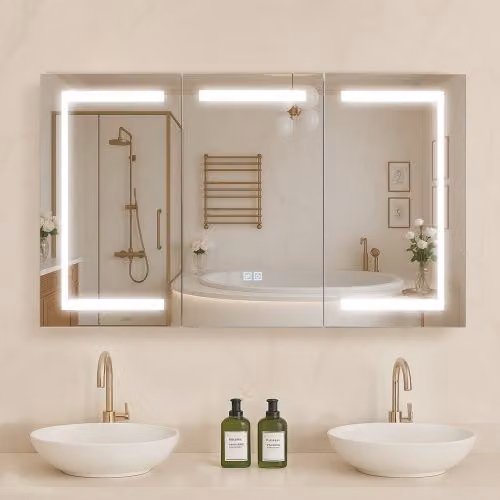 Armadietto per medicinali Vevor con specchio e illuminazione LED integrata, modello da incasso o da parete con sensore, colore argento, L: 100 cm, H: 60 cm