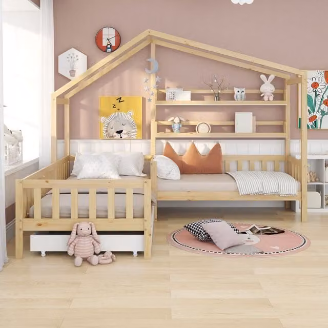 Struttura Letto a Casetta per Bambini Aosom in Legno Naturale con Cassetti e Scaffali, L/P/H: 200 x 90 x 140 cm