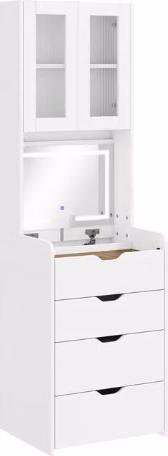 Toeletta da trucco HOMCOM con specchio illuminato LED, sgabello, cassetti e armadietto, Bianco, L 50 x P 40 x H 160 cm