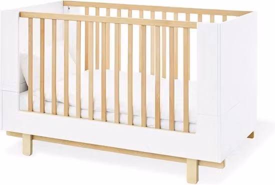 Culla per bambini Boks convertibile con illuminazione LED sottostante, finitura bianca e legno di betulla, L: 144 cm, P: 78 cm, H: 90 cm