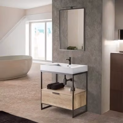 Mobile bagno a terra Inbagno Kubic nero con lavabo bianco e specchio, larghezza: 75 cm