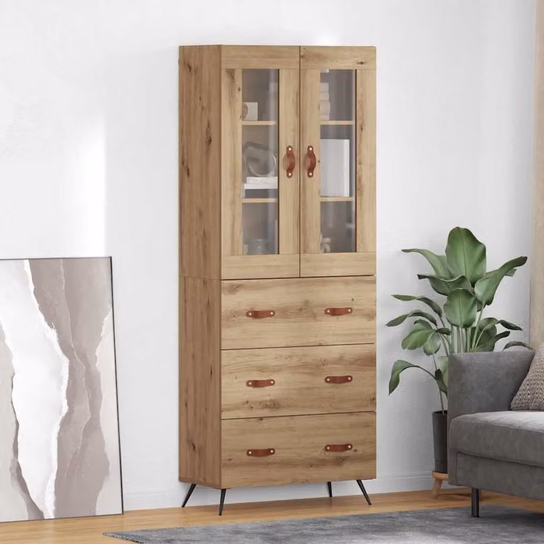 Set di 2 armadietti alti vidaXL in stile rustico con ante in vetro e ripiani interni, colore marrone e beige