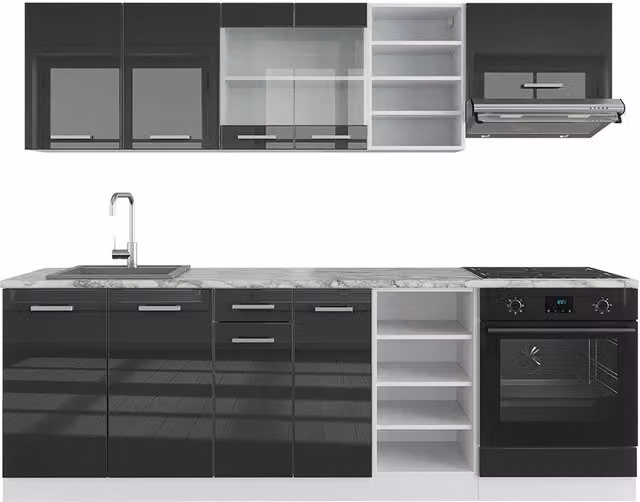 Cucina componibile moderna Vicco R-Line in antracite lucido e bianco con piano effetto marmo, L: 240 cm