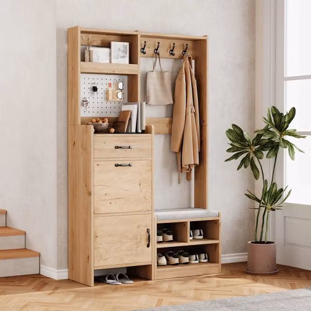 Guardaroba da ingresso FOLYNA con panca, 2 ante, cassetto e 4 ganci, bianco e beige, L: 108.5 cm, P: 35 cm, H: 180 cm