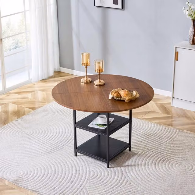 Tavolo da pranzo rotondo OKWISH in MDF effetto noce e metallo nero con doppio ripiano, ideale per soggiorno o sala da pranzo, Diametro: 107 cm